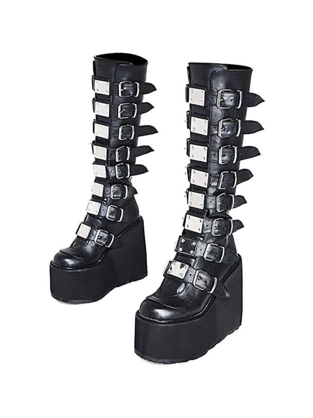 Gothic Punk Knee-High Boots Wedge Heel Platform Combat Halloween